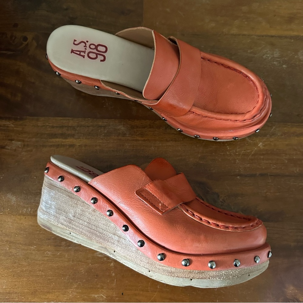 A.S.98 Paget Wedge Platform Mule Clog‎ Size 39 Flame Orange Leather Studs